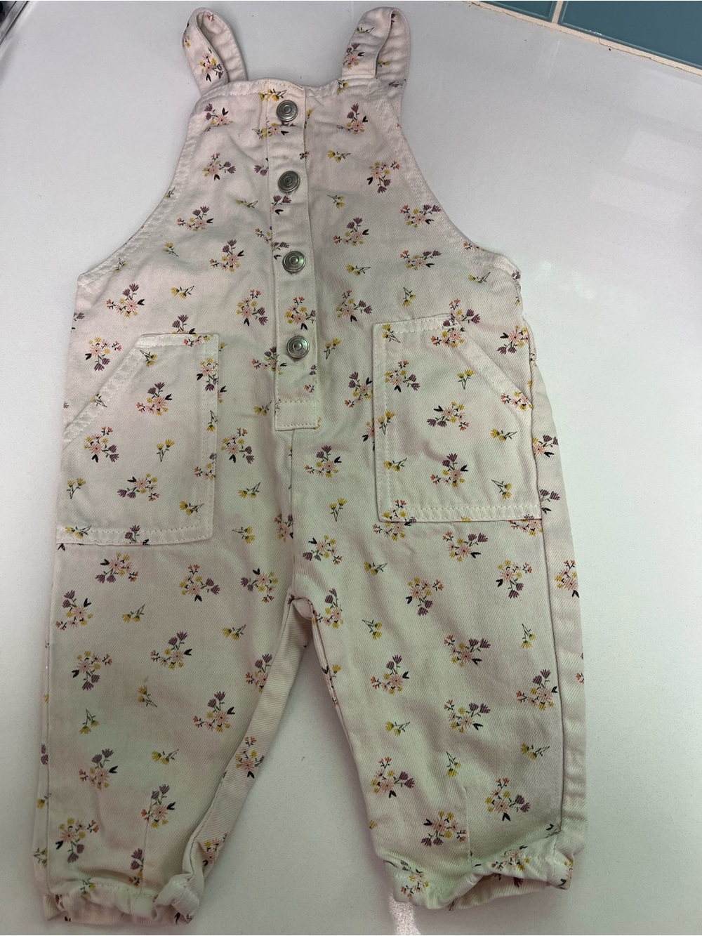 Zara Cream Floral Baby Overalls with Pink & Yellow Accents size 9-12m